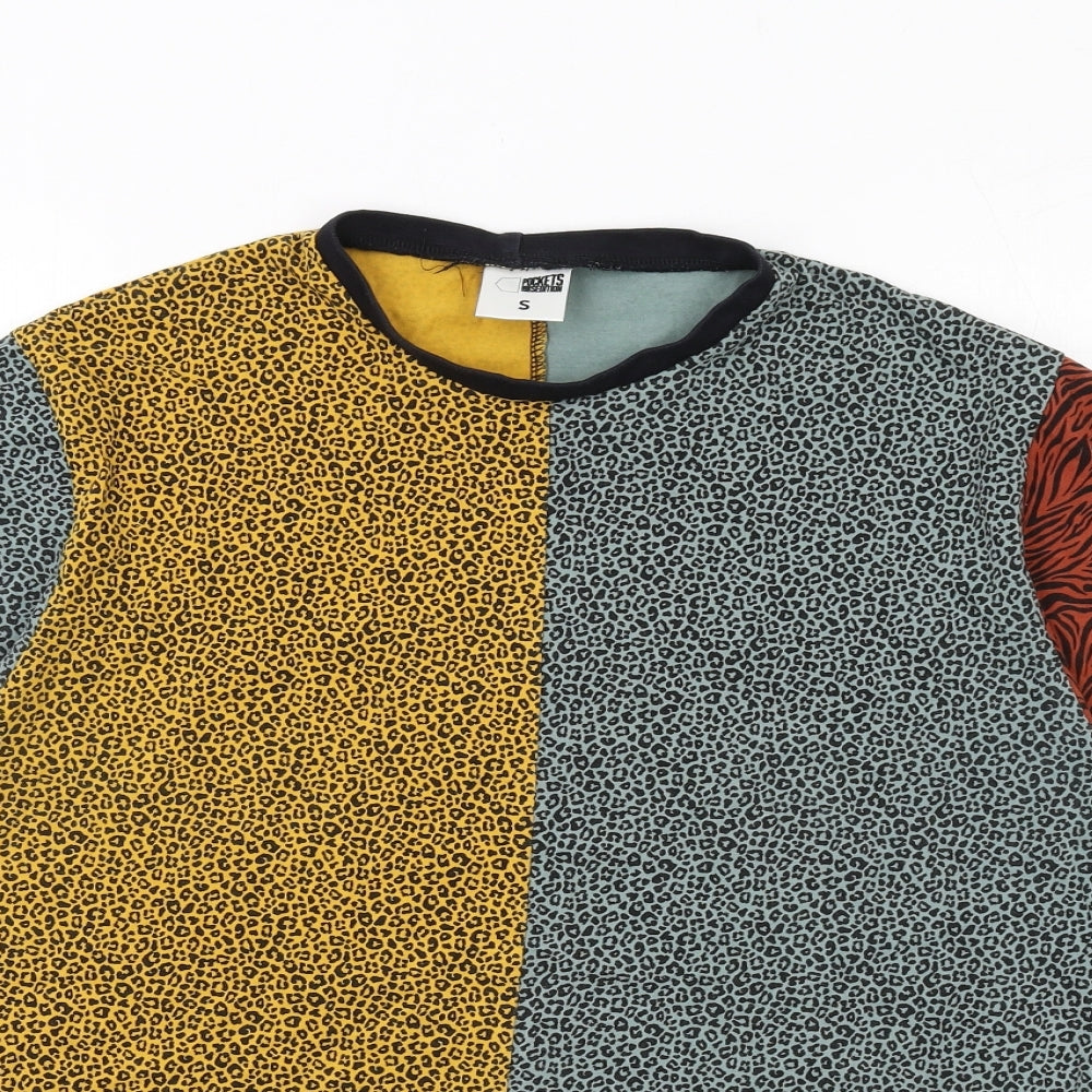 Pockets and Sedition Womens Multicoloured Animal Print Cotton Basic T-Shirt Size S Crew Neck