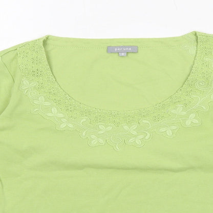 Per Una Womens Green Cotton Basic T-Shirt Size 8 Scoop Neck - Broderie Anglaise Details