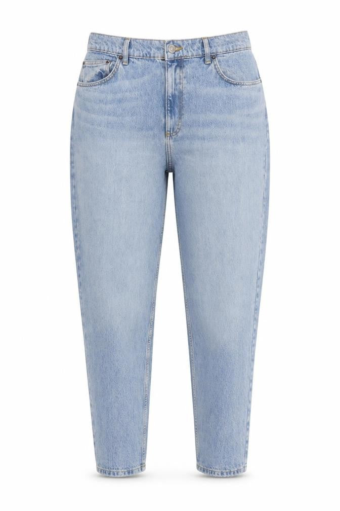 Front view of ASOS women’s blue cotton tapered jeans, size UK 34, in, 30-inch leg regular zip