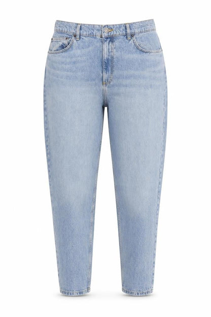 Front view of ASOS women’s blue cotton tapered jeans, size UK 34, in, 30-inch leg regular zip