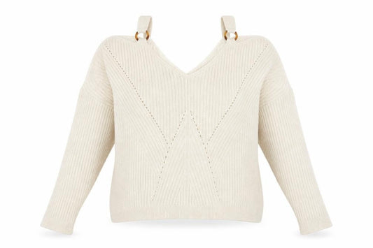 Front view of Miss Selfridge women’s beige v-neck polyester jumper, size UK 14, - cold shoulder