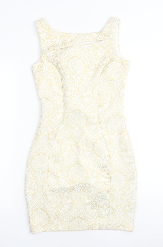 Jane Norman Womens Gold Geometric Polyester Shift Size 8 Round Neck Pullover