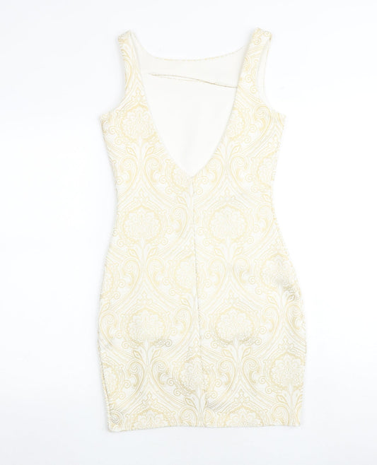 Jane Norman Womens Gold Geometric Polyester Shift Size 8 Round Neck Pullover