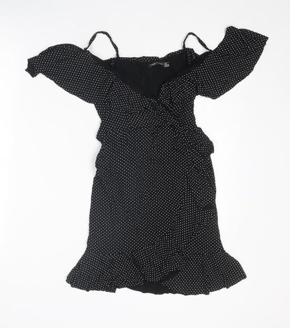 I SAW IT FIRST Womens Black Polka Dot Viscose A-Line Size 8 V-Neck Pullover - Cold shoulder