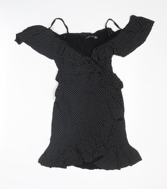 I SAW IT FIRST Womens Black Polka Dot Viscose A-Line Size 8 V-Neck Pullover - Cold shoulder