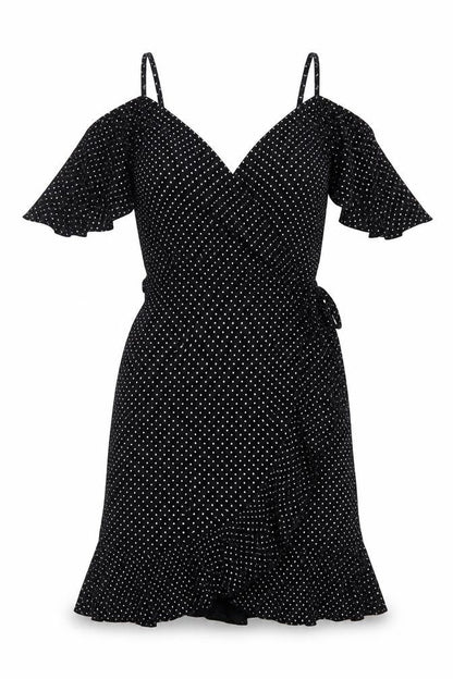 I SAW IT FIRST Womens Black Polka Dot Viscose A-Line Size 8 V-Neck Pullover - Cold shoulder
