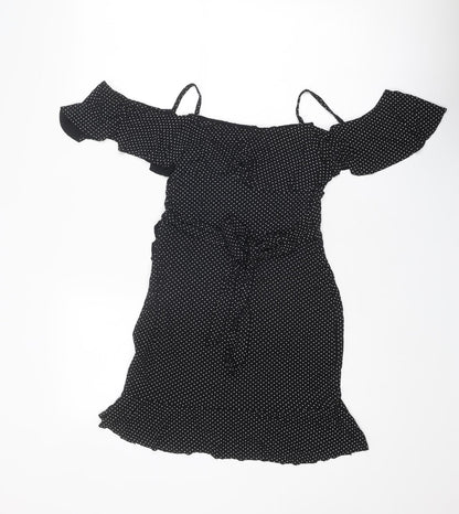 I SAW IT FIRST Womens Black Polka Dot Viscose A-Line Size 8 V-Neck Pullover - Cold shoulder
