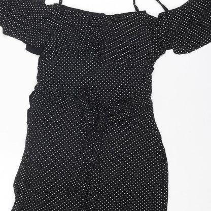 I SAW IT FIRST Womens Black Polka Dot Viscose A-Line Size 8 V-Neck Pullover - Cold shoulder