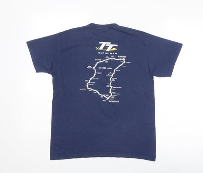 Fruit of the Loom Boys Blue Cotton Basic T-Shirt Size 12-13 Years Round Neck Pullover - Isle of Man TT