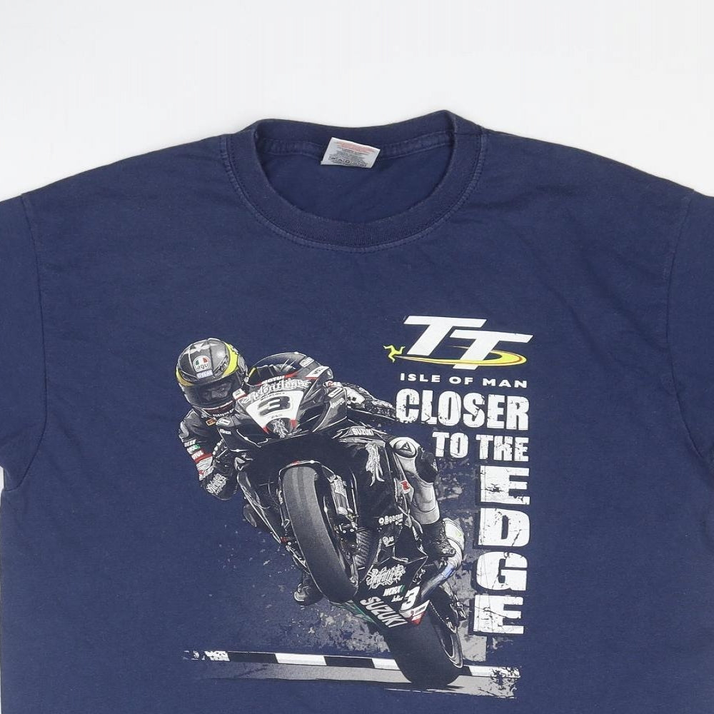 Fruit of the Loom Boys Blue Cotton Basic T-Shirt Size 12-13 Years Round Neck Pullover - Isle of Man TT