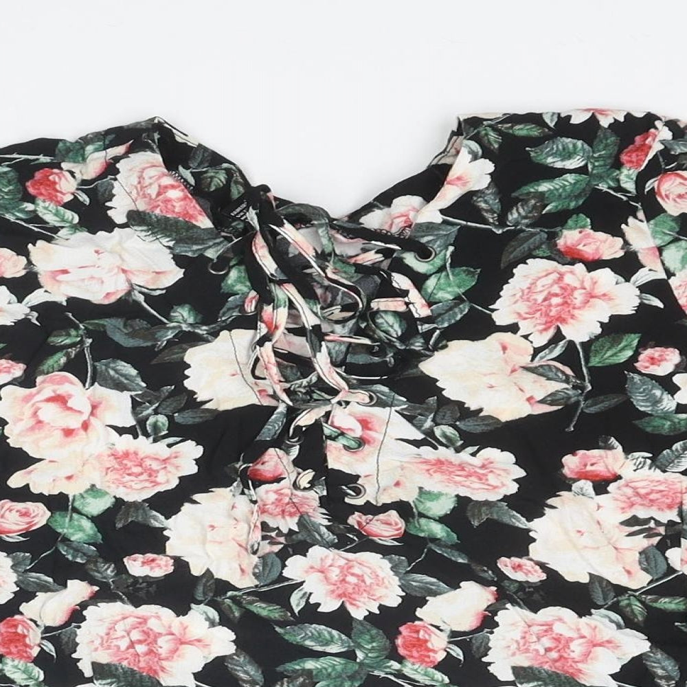 FOREVER 21 Womens Multicoloured Floral Polyester Basic T-Shirt Size M V-Neck