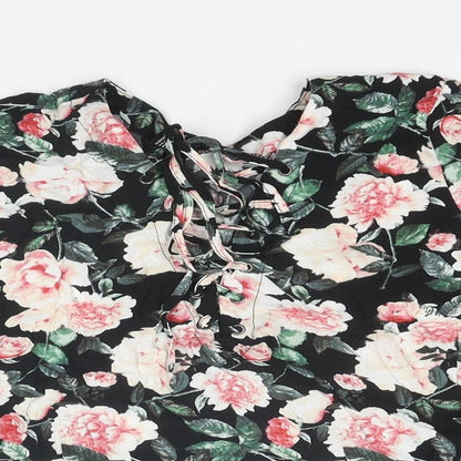 FOREVER 21 Womens Multicoloured Floral Polyester Basic T-Shirt Size M V-Neck