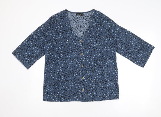 Boohoo Womens Blue Geometric Polyester Basic Blouse Size 6 V-Neck