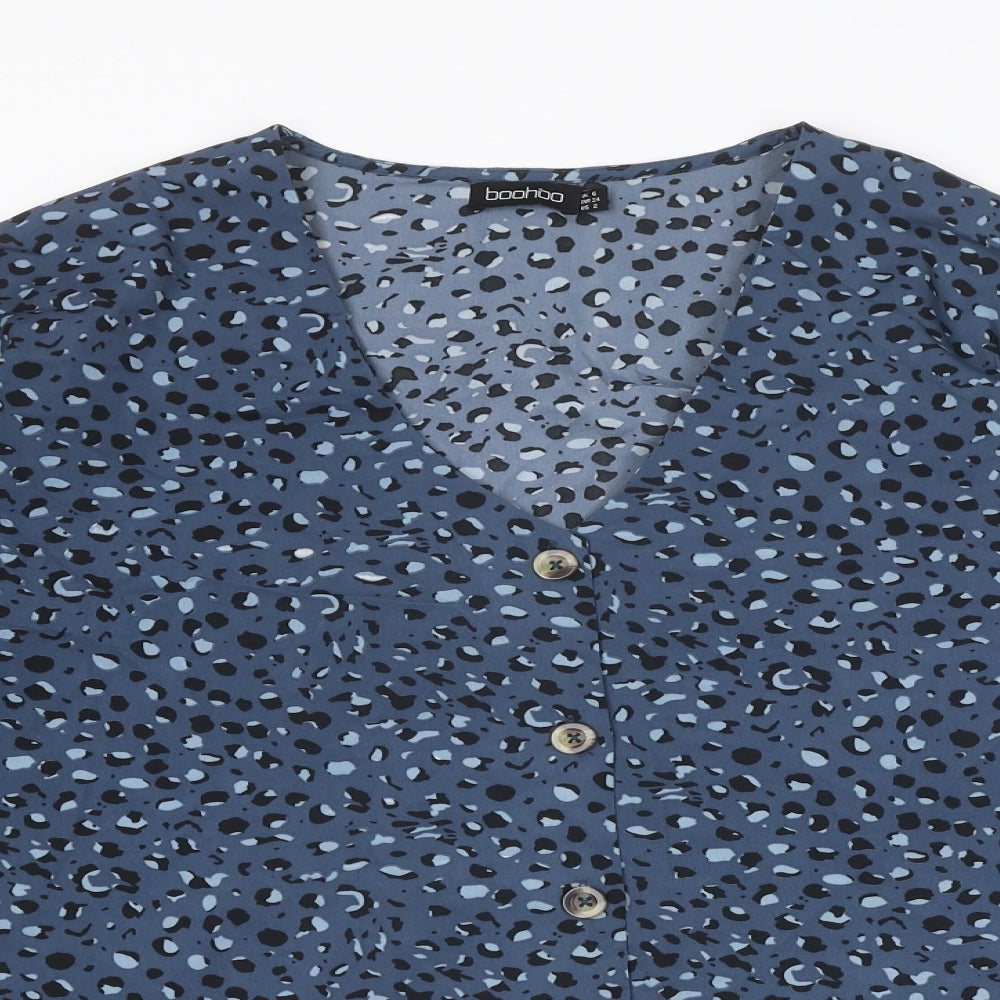 Boohoo Womens Blue Geometric Polyester Basic Blouse Size 6 V-Neck