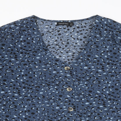 Boohoo Womens Blue Geometric Polyester Basic Blouse Size 6 V-Neck