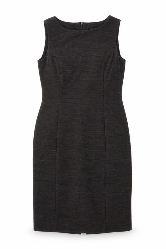 Front view of Betty Jackson women’s brown geometric acrylic shift, size UK 12, round neck zip