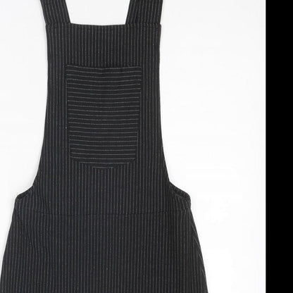 Topshop Womens Black Striped Polyester Pinafore/Dungaree Dress Size 6 Square Neck Pullover