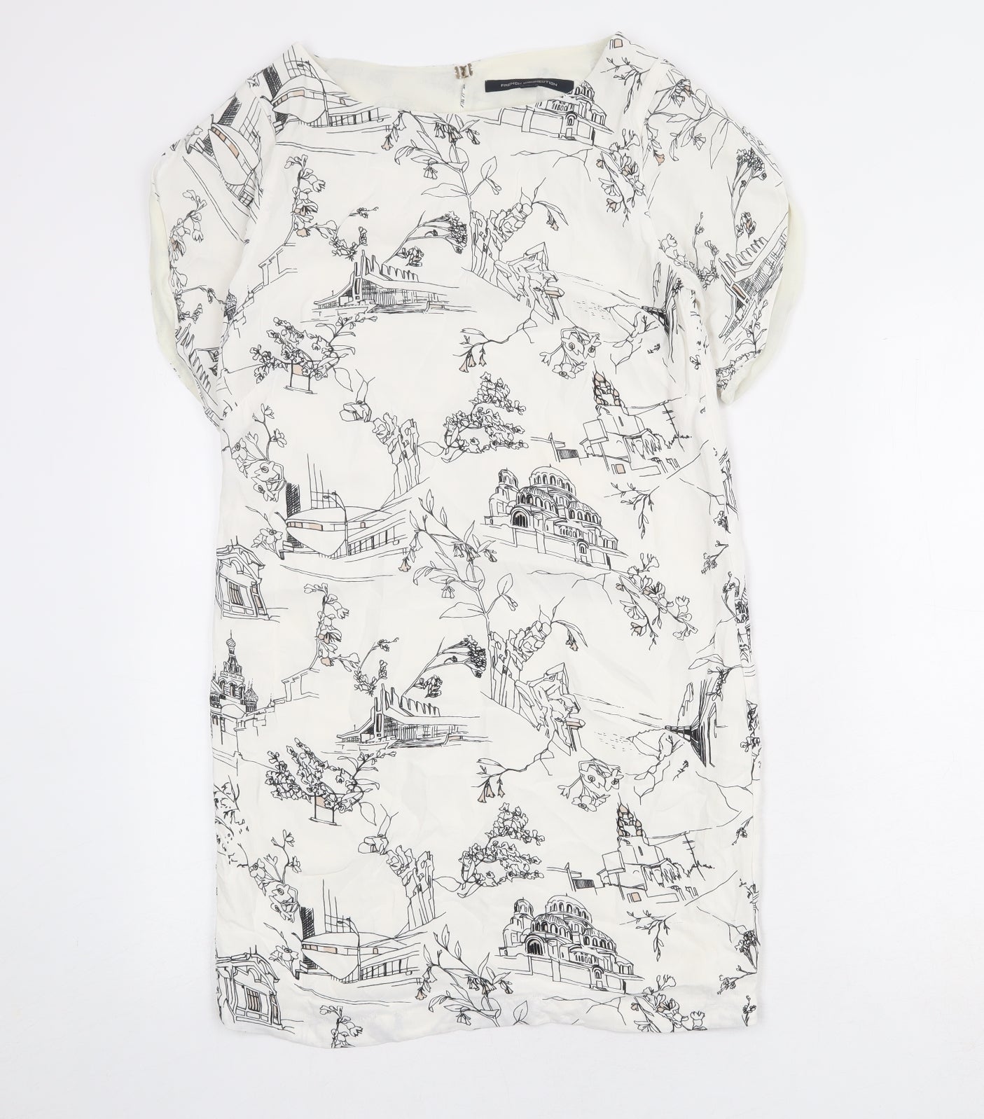 French Connection Womens Ivory Geometric Viscose A-Line Size 6 Round Neck Button - illustration print