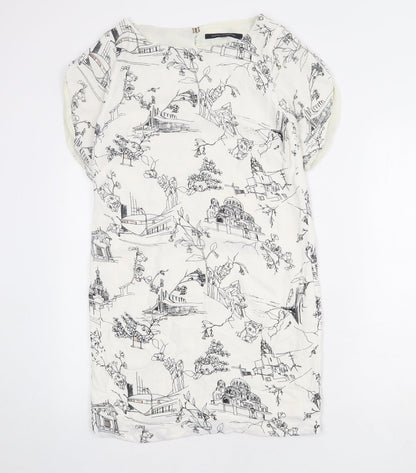 French Connection Womens Ivory Geometric Viscose A-Line Size 6 Round Neck Button - illustration print