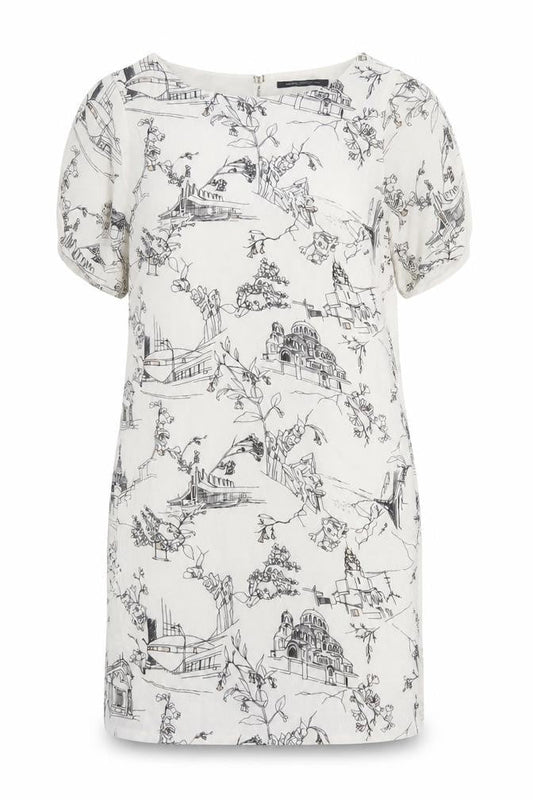 Front view of French Connection women’s ivory geometric viscose a-line, size UK 6, round neck button - illustration print