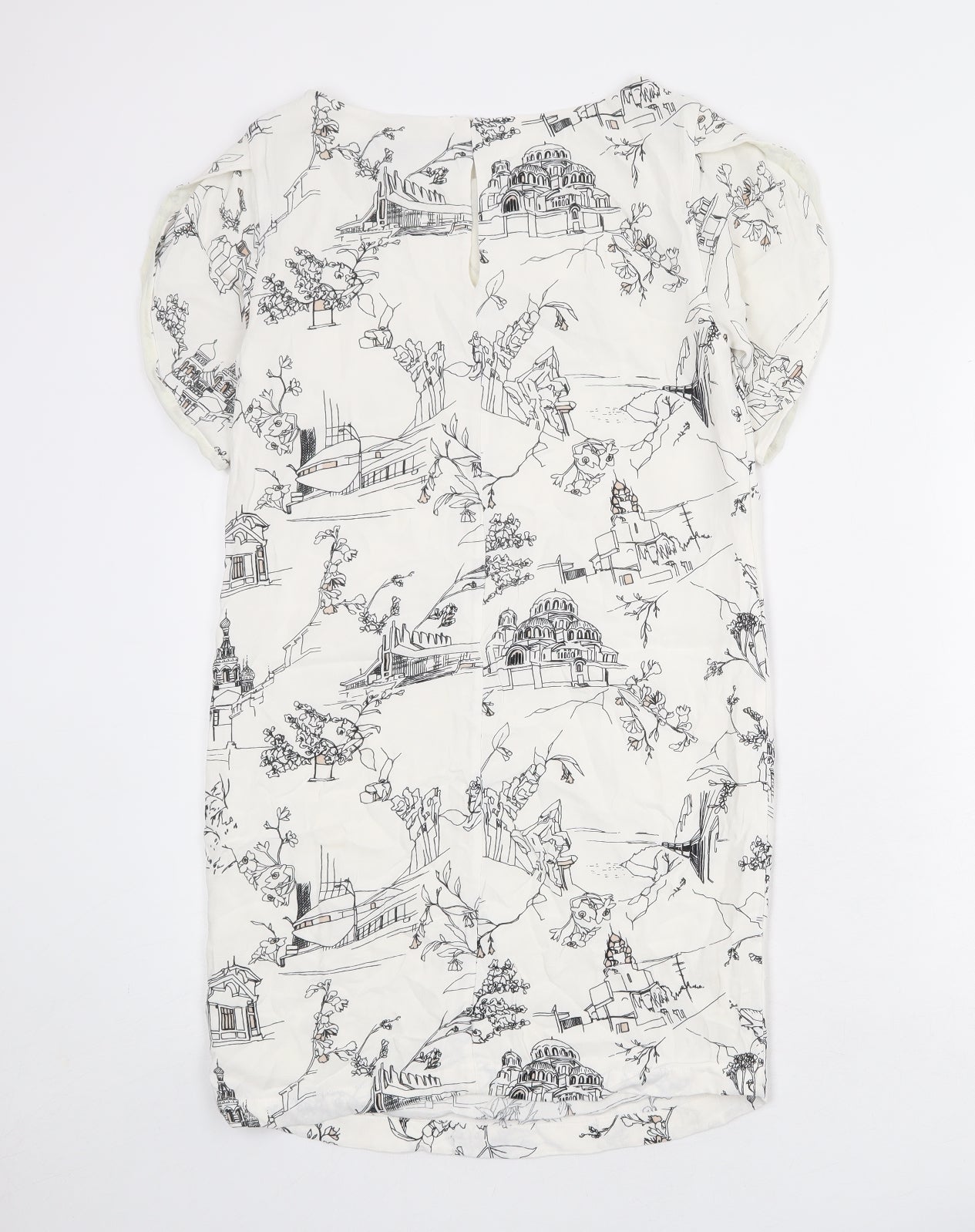 French Connection Womens Ivory Geometric Viscose A-Line Size 6 Round Neck Button - illustration print