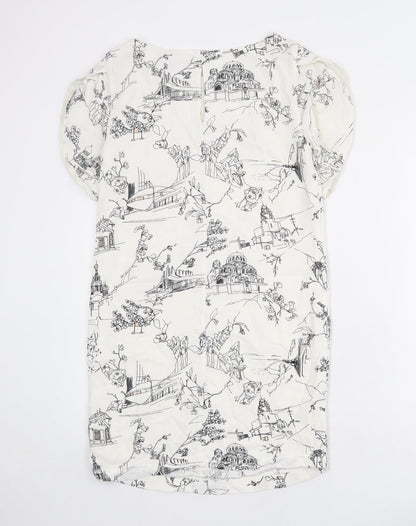 French Connection Womens Ivory Geometric Viscose A-Line Size 6 Round Neck Button - illustration print