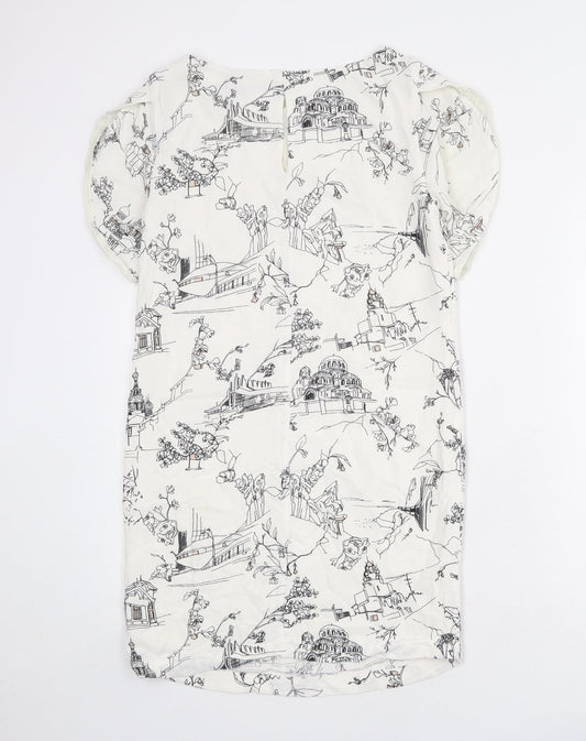 French Connection Womens Ivory Geometric Viscose A-Line Size 6 Round Neck Button - illustration print