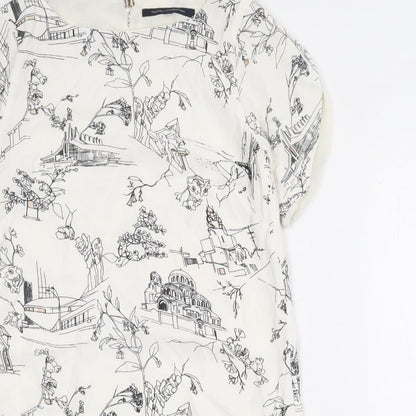 French Connection Womens Ivory Geometric Viscose A-Line Size 6 Round Neck Button - illustration print