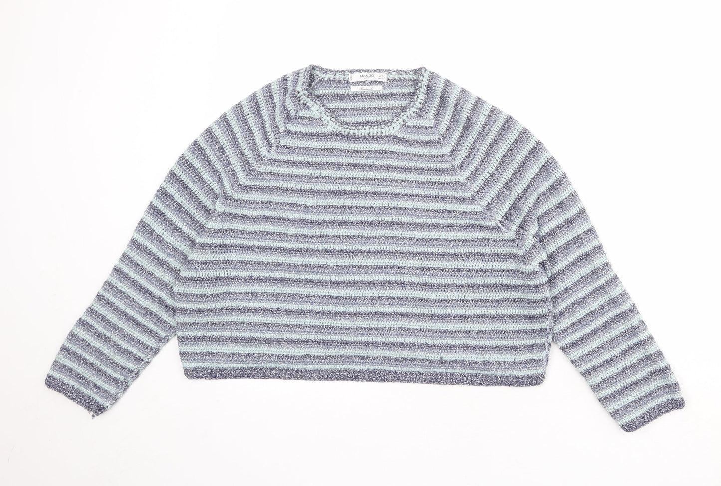 Mango Womens Blue Round Neck Striped Viscose Pullover Jumper Size S - Size S-M