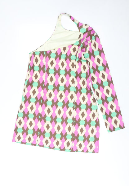 Zara Womens Pink Geometric Polyester A-Line Size XL One Shoulder Button