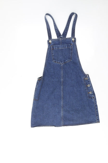 Topshop Womens Blue Cotton Pinafore/Dungaree Dress Size 8 Square Neck Button