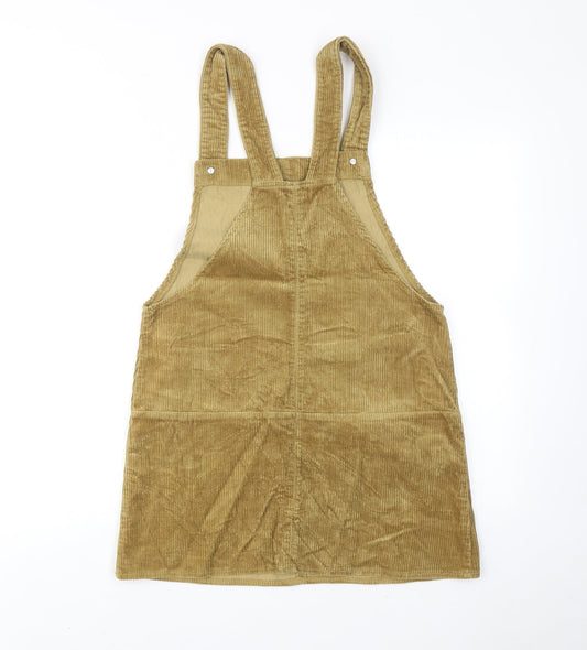 Zara Womens Brown Cotton Pinafore/Dungaree Dress Size XS Square Neck Button
