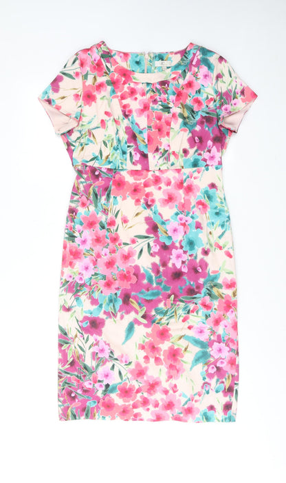 CC Womens Pink Floral Cotton Shift Size 12 Round Neck Zip