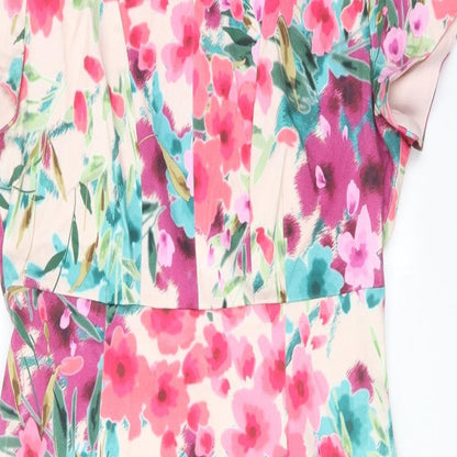 CC Womens Pink Floral Cotton Shift Size 12 Round Neck Zip
