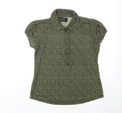 Zara Womens Green Floral Polyester Basic Button-Up Size L Collared