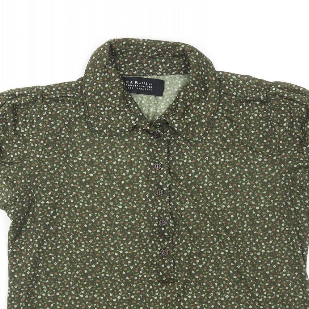 Zara Womens Green Floral Polyester Basic Button-Up Size L Collared
