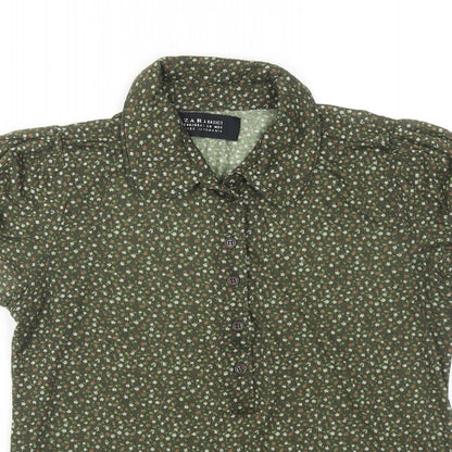 Zara Womens Green Floral Polyester Basic Button-Up Size L Collared