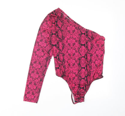 PRETTYLITTLETHING Womens Pink Animal Print Polyester Bodysuit One-Piece Size 14 Snap - Snakeskin Pattern