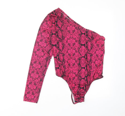 PRETTYLITTLETHING Womens Pink Animal Print Polyester Bodysuit One-Piece Size 14 Snap - Snakeskin Pattern