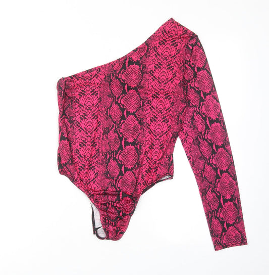 PRETTYLITTLETHING Womens Pink Animal Print Polyester Bodysuit One-Piece Size 14 Snap - Snakeskin Pattern
