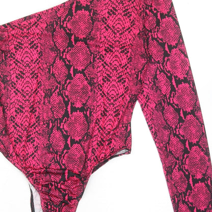PRETTYLITTLETHING Womens Pink Animal Print Polyester Bodysuit One-Piece Size 14 Snap - Snakeskin Pattern