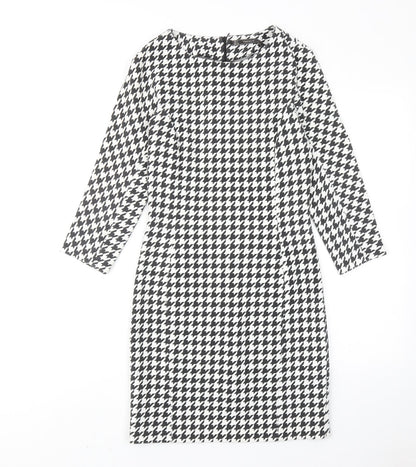 Zara Womens White Houndstooth Polyester Sheath Size S Round Neck Zip