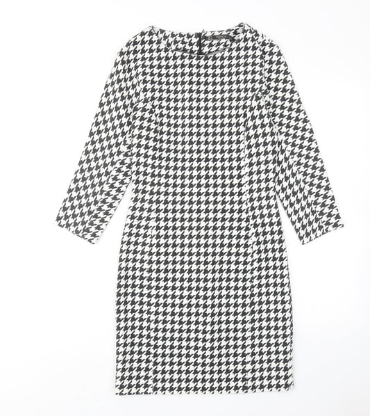 Zara Womens White Houndstooth Polyester Sheath Size S Round Neck Zip
