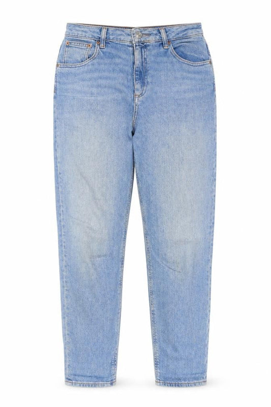 Front view of ASOS women’s blue cotton mom jeans, size UK 28, in, 28-inch leg regular zip