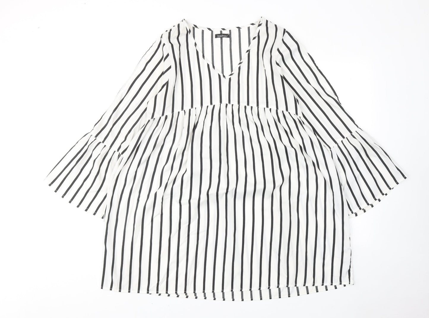Boohoo Womens White Striped Polyester A-Line Size 14 V-Neck Pullover