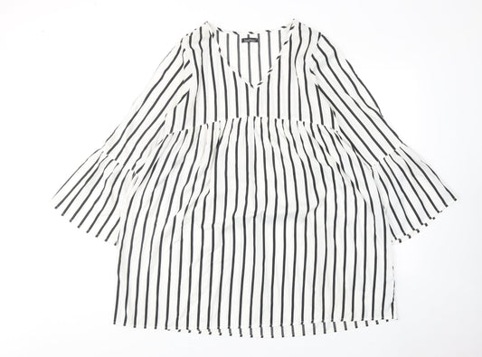 Boohoo Womens White Striped Polyester A-Line Size 14 V-Neck Pullover