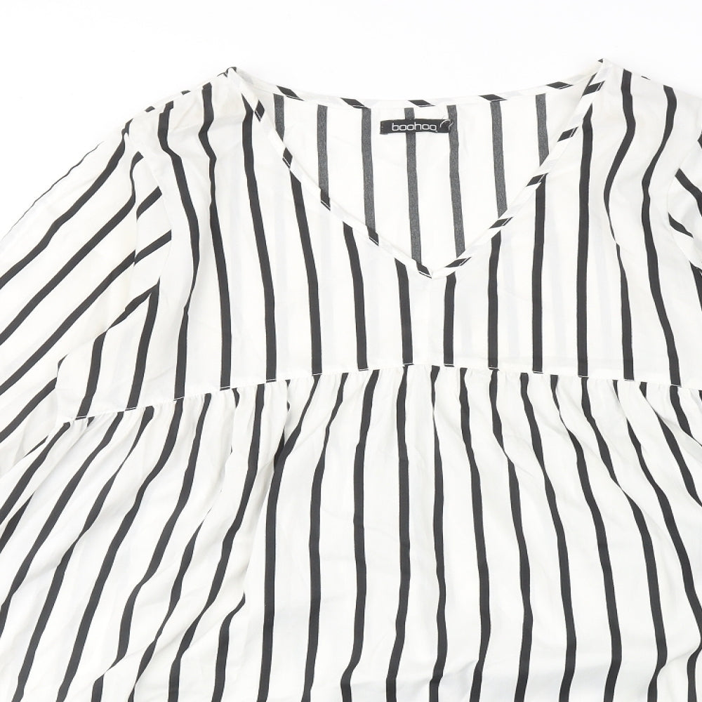 Boohoo Womens White Striped Polyester A-Line Size 14 V-Neck Pullover