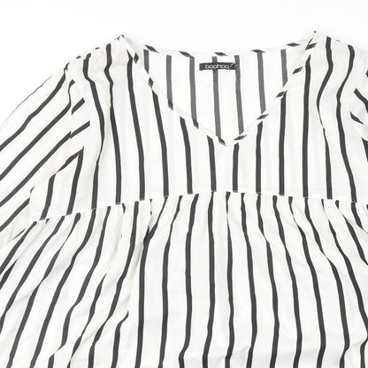 Boohoo Womens White Striped Polyester A-Line Size 14 V-Neck Pullover