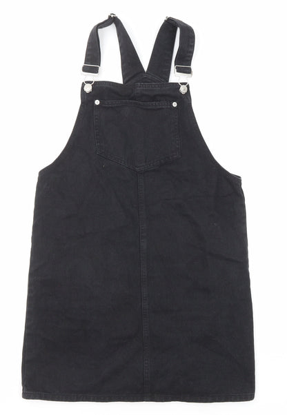 New Look Womens Black Cotton Pinafore/Dungaree Dress Size 8 Square Neck Button