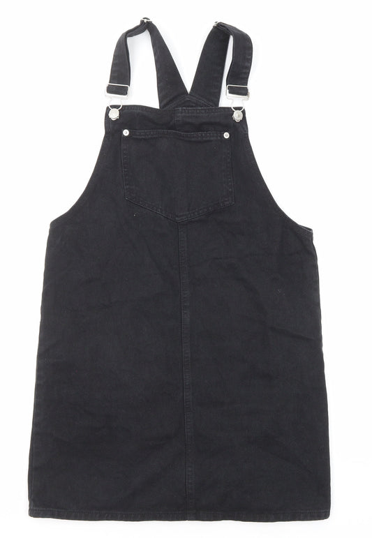 New Look Womens Black Cotton Pinafore/Dungaree Dress Size 8 Square Neck Button
